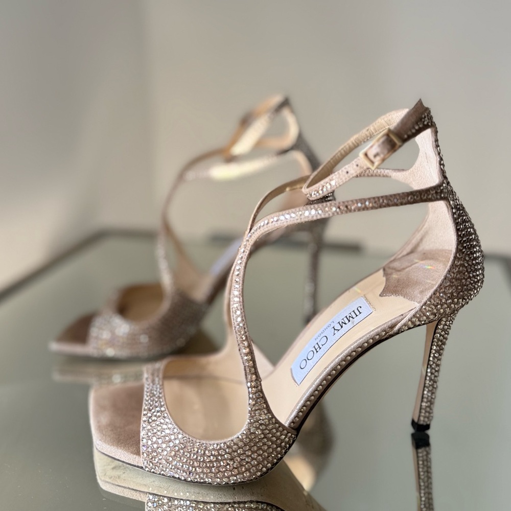 Like new JIMMY CHOO Azia 95 Honey Gold Suede Sandals with Crystals 37.5 $2,495 - Picture 7 of 17